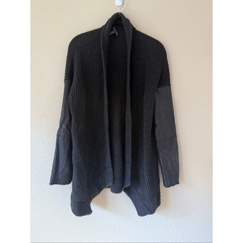 Eileen Fisher Leather Trim Wool Cardigan